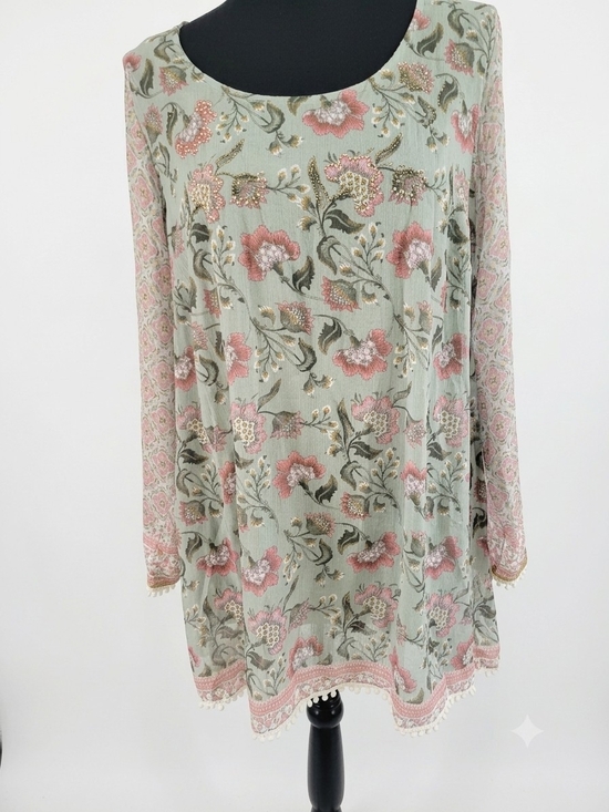 ONE WORLD Tops - ONE WORLD Sage Green Floral Blouse with Pink Accents
